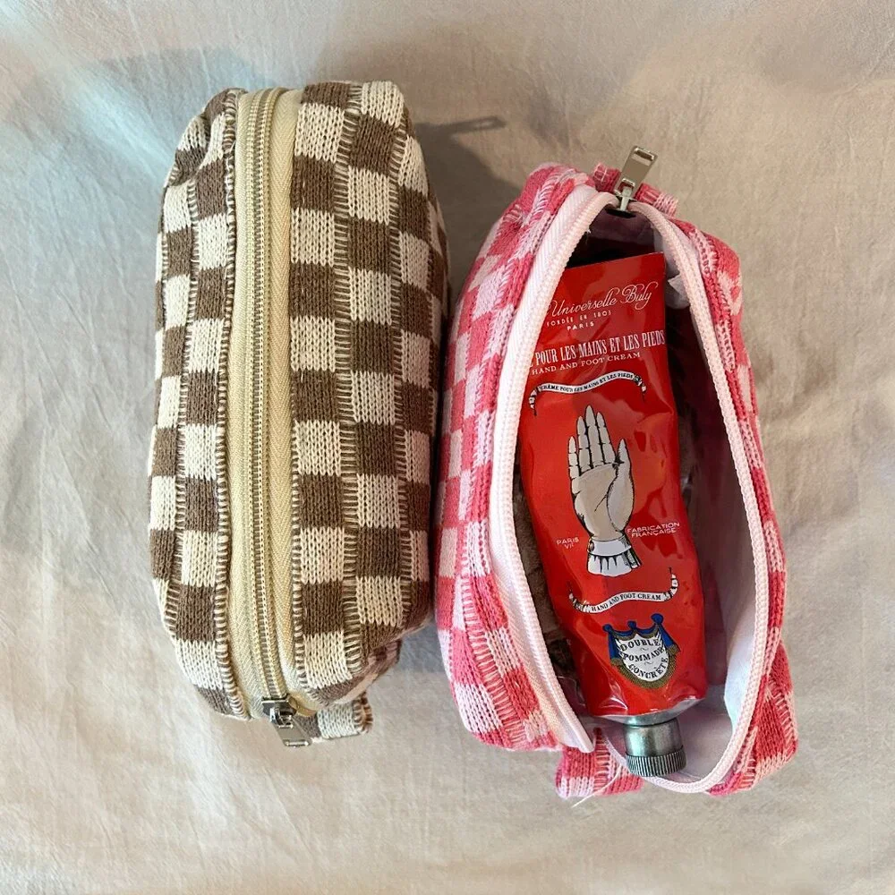 Brand New Set of 2 Small Checkered Fabric Pouch (Pink + Brown)